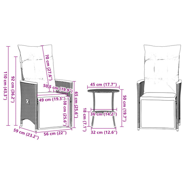 3-tlg. Bistro Set Grau Poly Rattan mit Kissen