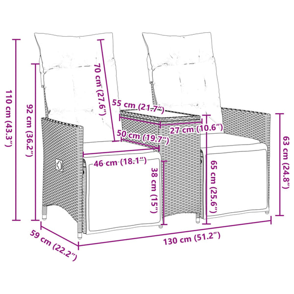 vidaXL Canapé de jardin 2 places réglable avec table Beige Résine tressée