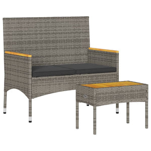2-Sitzer Gartenbank mit Kissen & Tisch Grau Rattan