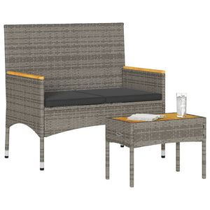 2-Sitzer Gartenbank mit Kissen & Tisch Grau Rattan