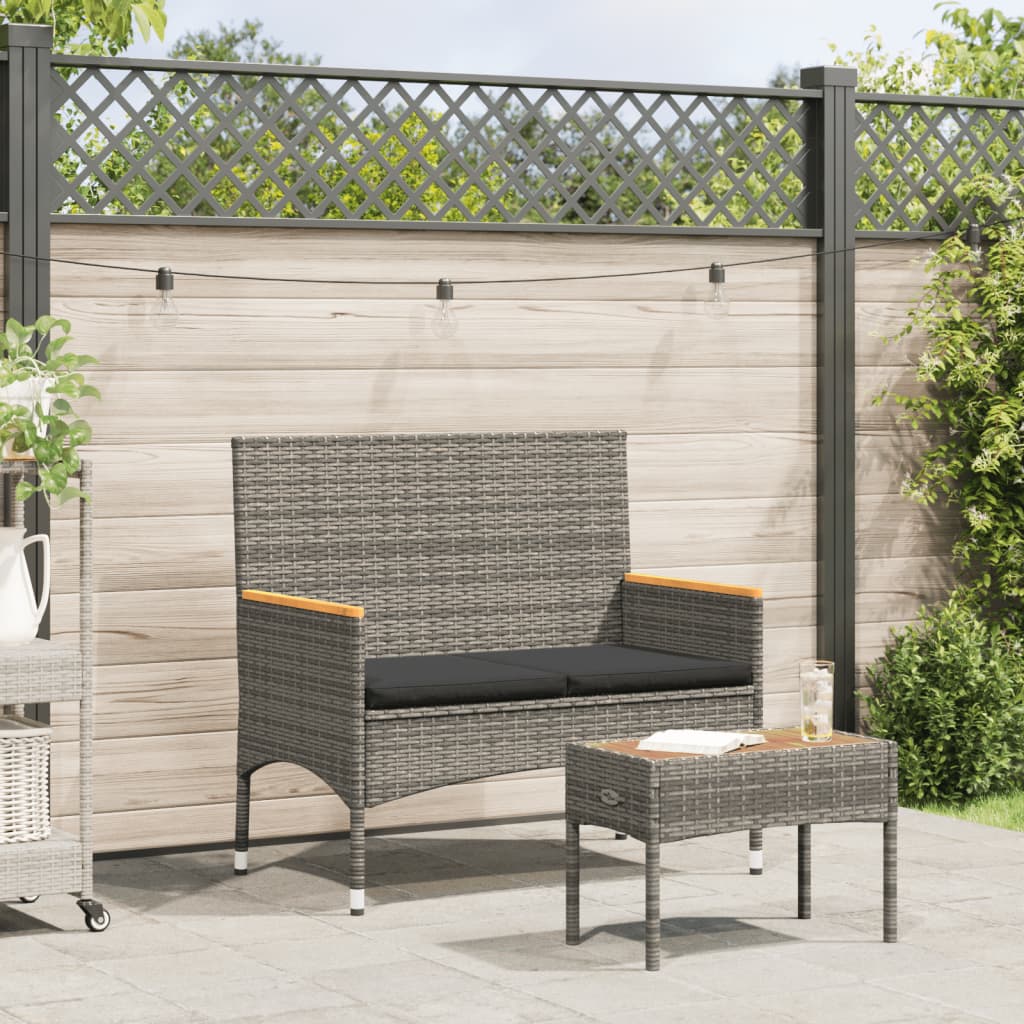 2-Sitzer Gartenbank mit Kissen & Tisch Grau Rattan