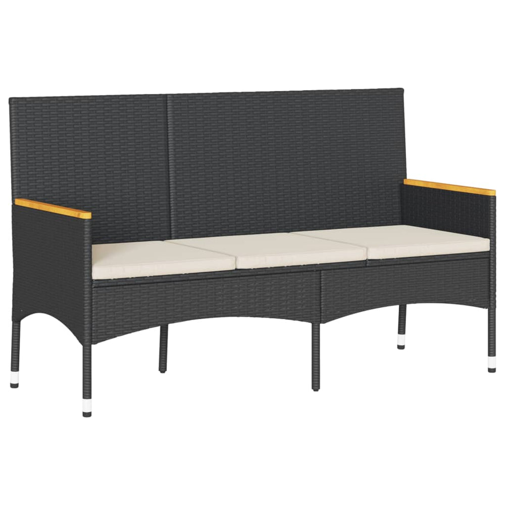 Gartenbank 3-Sitzer Schwarz Poly Rattan mit Kissen