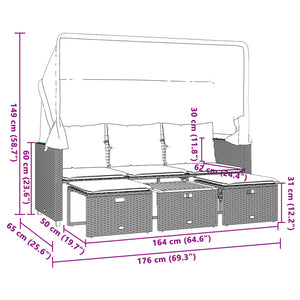 Poly-Rattan Gartensofa mit Dach & Hockern