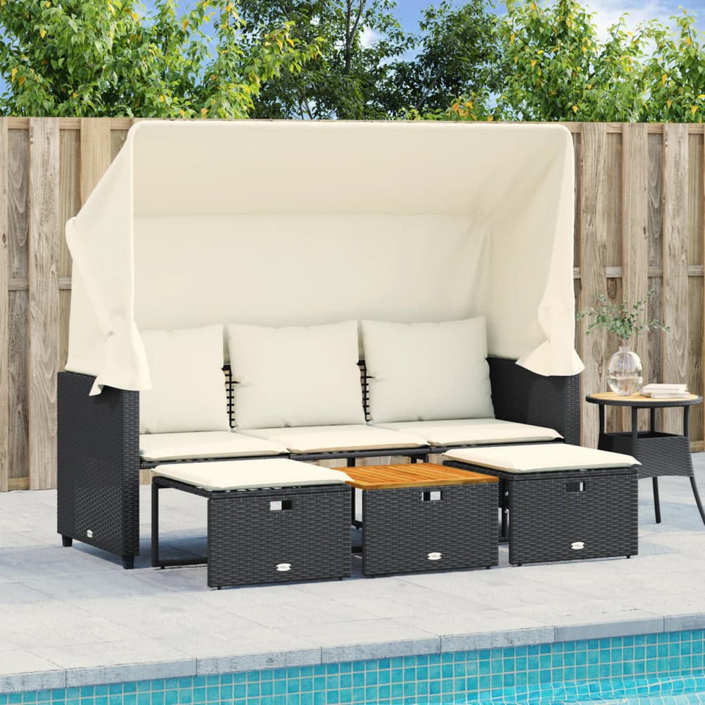 Poly-Rattan Gartensofa mit Dach & Hockern