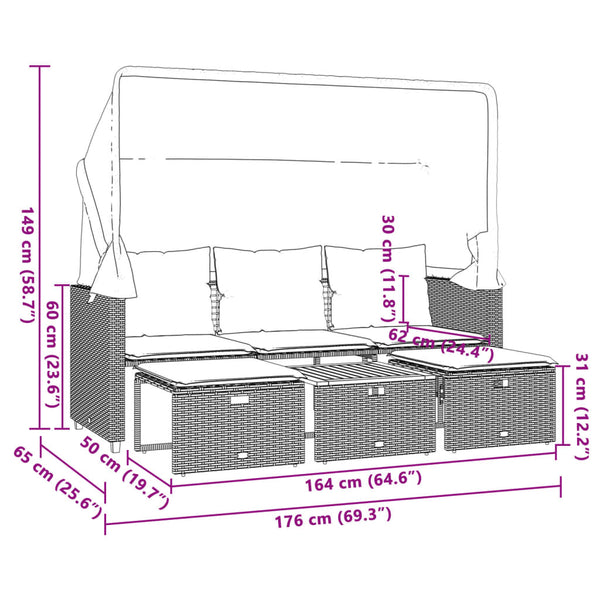 3-Sitzer Outdoor Sofa mit Dach & Hockern