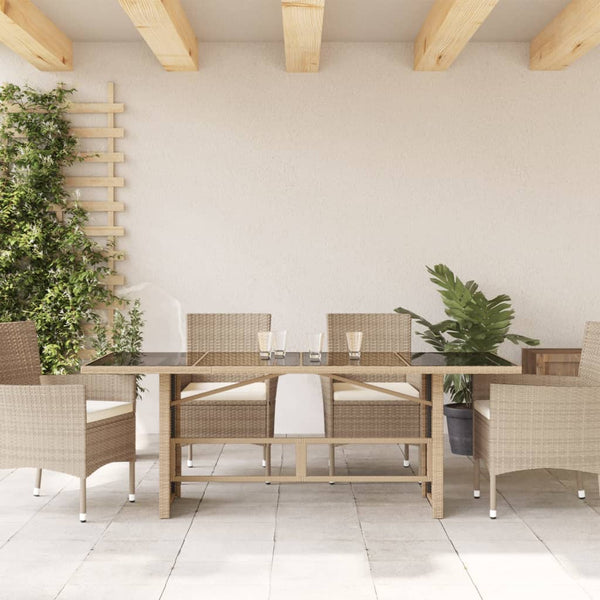 Beiger Gartentisch mit Glasplatte 190x80 cm