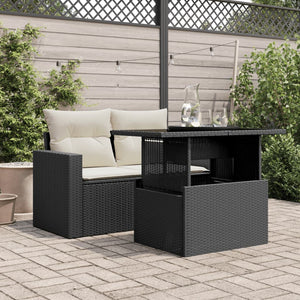 Schwarzer Poly Rattan Gartentisch mit Glasplatte