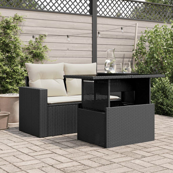Schwarzer Poly Rattan Gartentisch mit Glasplatte