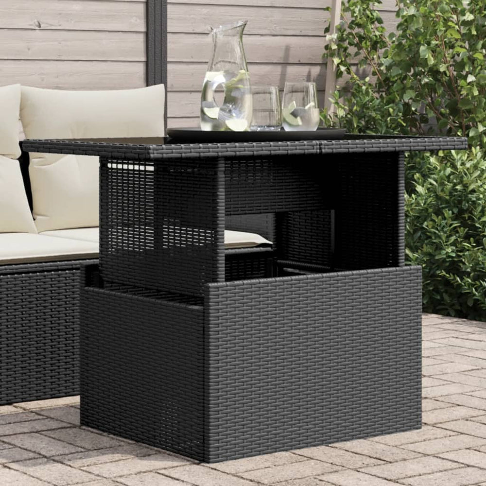 Schwarzer Poly Rattan Gartentisch mit Glasplatte