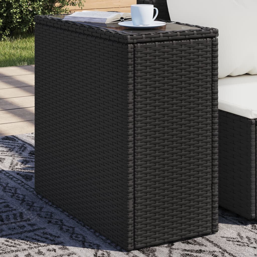 Schwarzer Rattan Garten-Beistelltisch mit Glasplatte