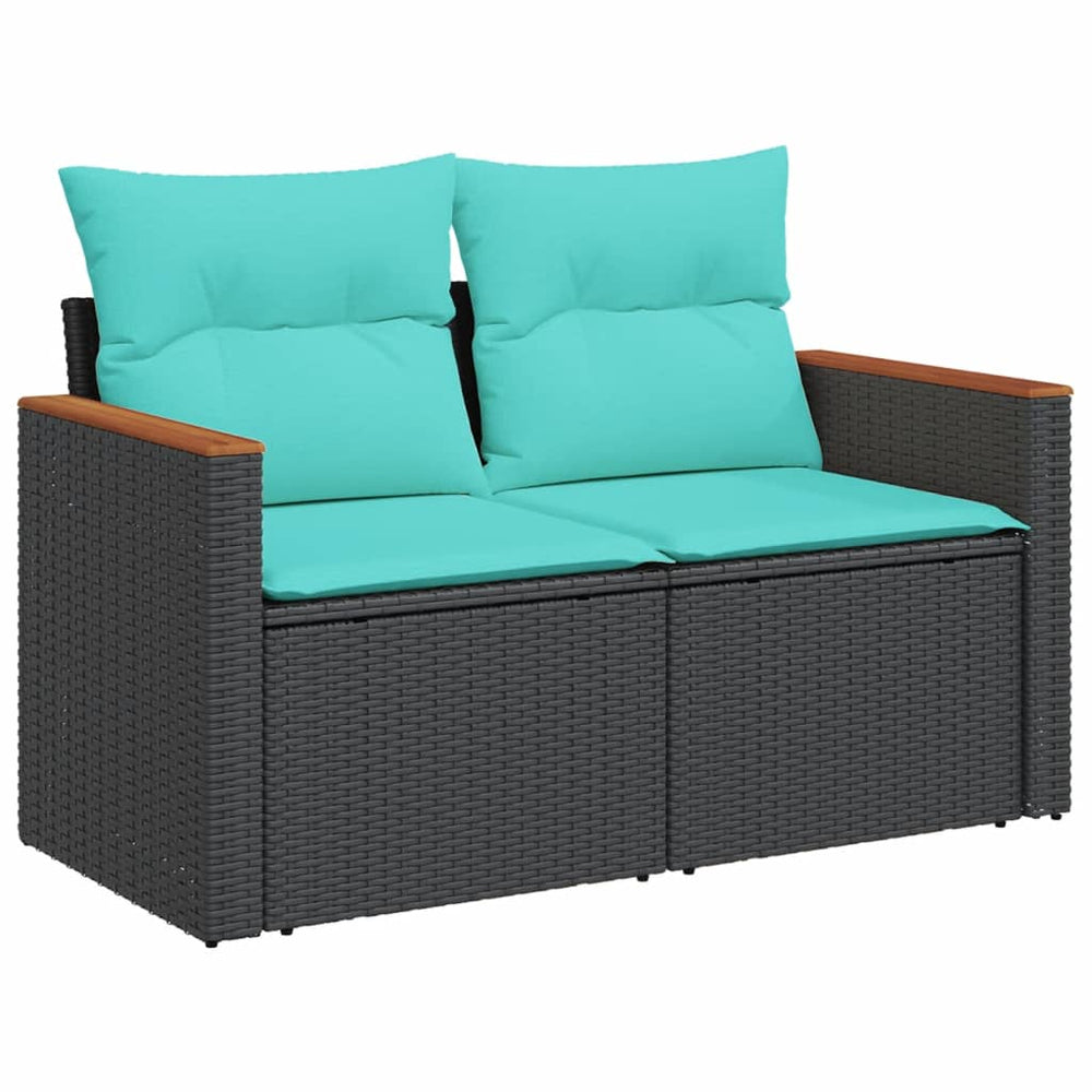 vidaXL 2-Seater Garden Sofa with Cushions Black Poly Rattan
