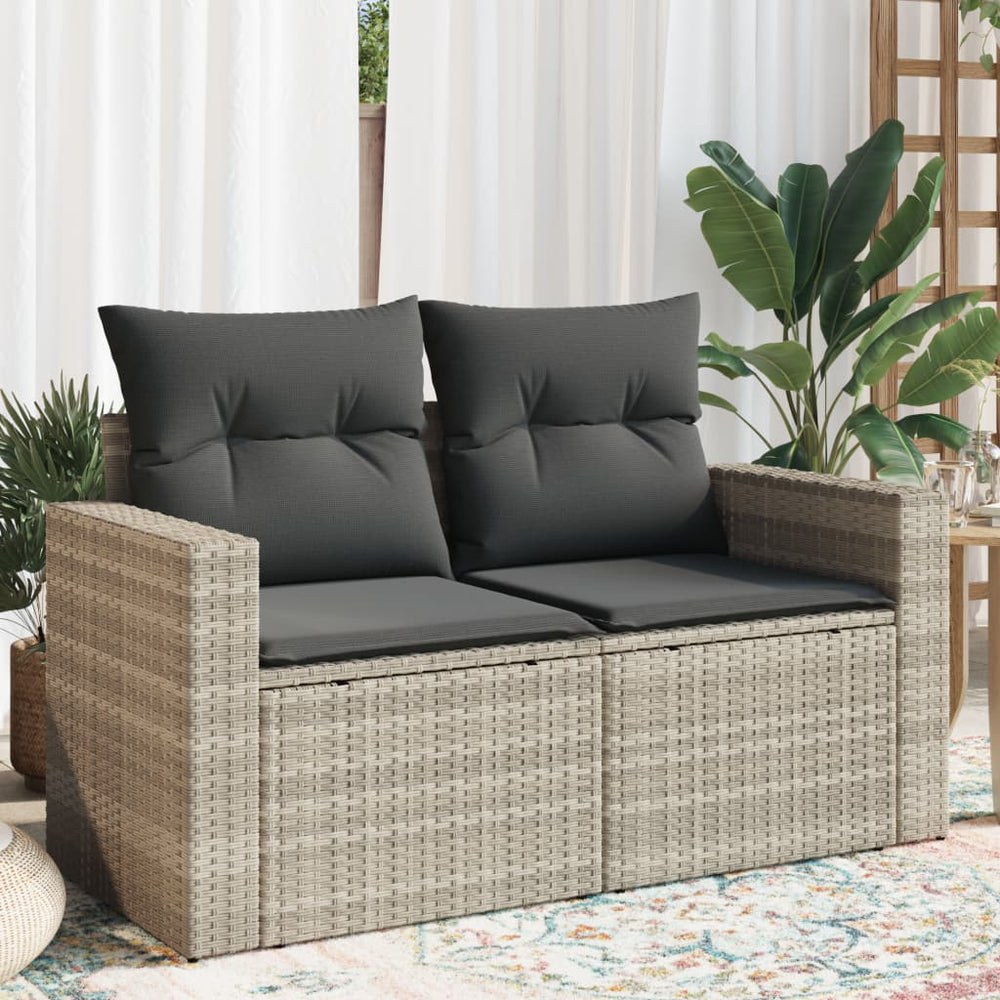 Gartensofa 2-Sitzer Hellgrau Poly Rattan mit Kissen
