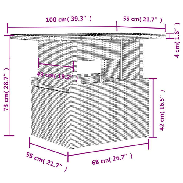 Gartentisch Braun Poly Rattan Glasplatte 100x55 cm
