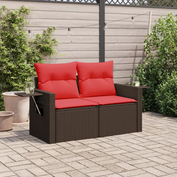 Gartensofa 2-Sitzer Braun Poly Rattan mit Kissen