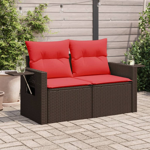 Gartensofa 2-Sitzer Braun Poly Rattan mit Kissen