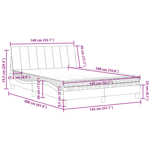 vidaXL Lit avec matelas « Hanko » gris clair 140x190 cm velours