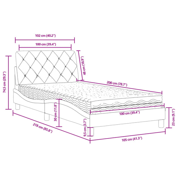 vidaXL Lit avec matelas Gris clair 100x200 cm Velours