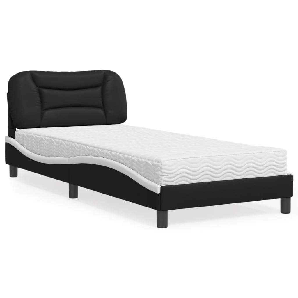 Bett mit Matratze 90x190 cm Kunstleder Schwarz/Weiß