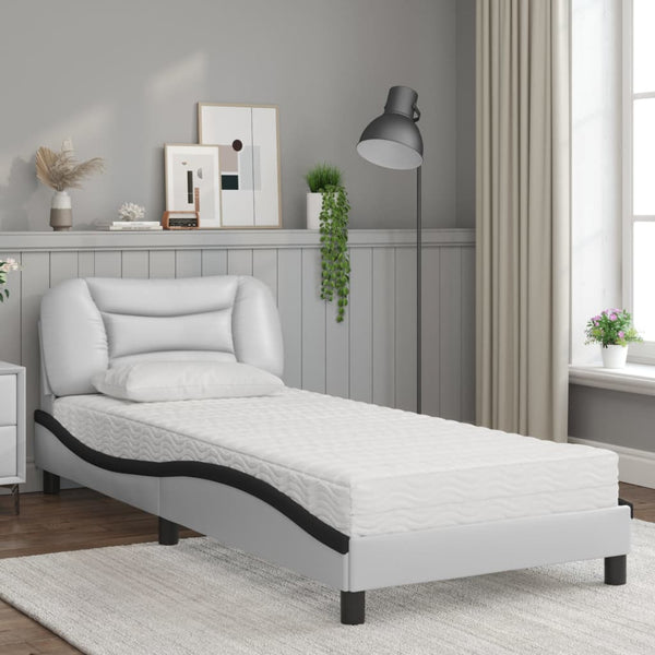 Bett mit Matratze 90x200 cm Kunstleder Weiß/Schwarz