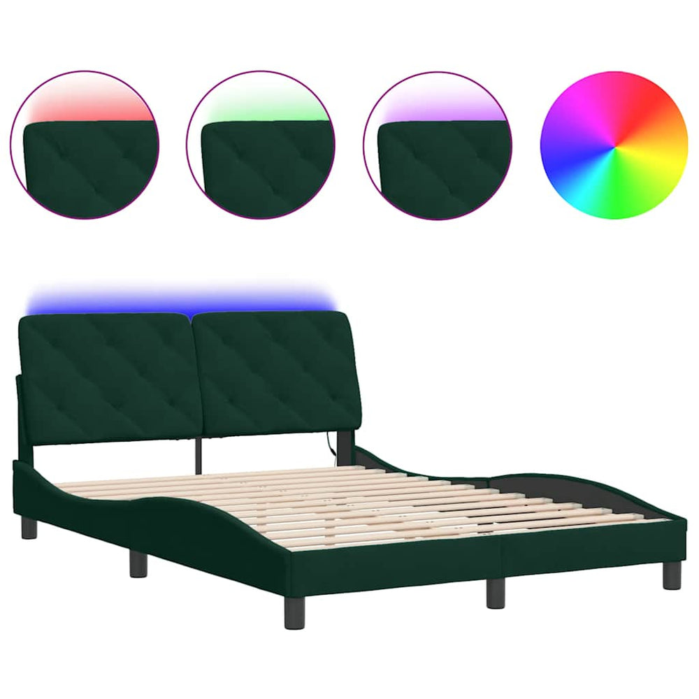 vidaXL LED Bed Frame without Mattress Dark Green 140x200 cm Velvet