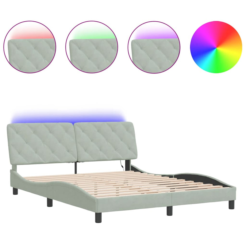 Bettgestell mit LED Hellgrau Samt 160x200