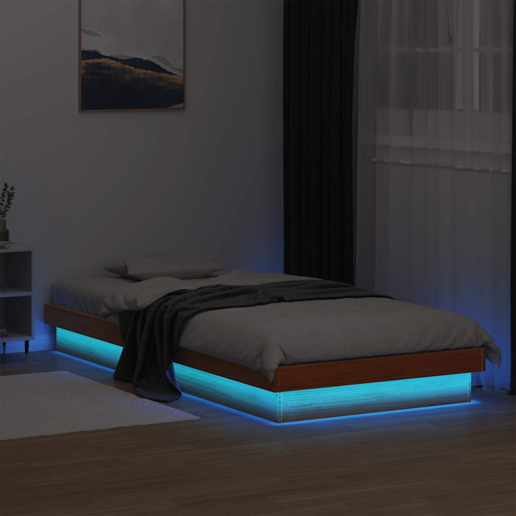 vidaXL Lit en bois massif avec éclairage LED marron ciré 90x200 cm pin