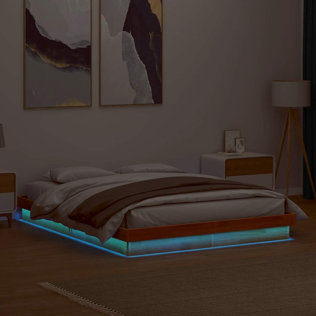 Massivholzbett 150x200 cm mit LED Kiefer Wachsbraun