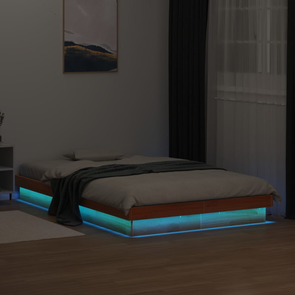 Massivholzbett 135x190 cm mit LED Kiefer Wachsbraun