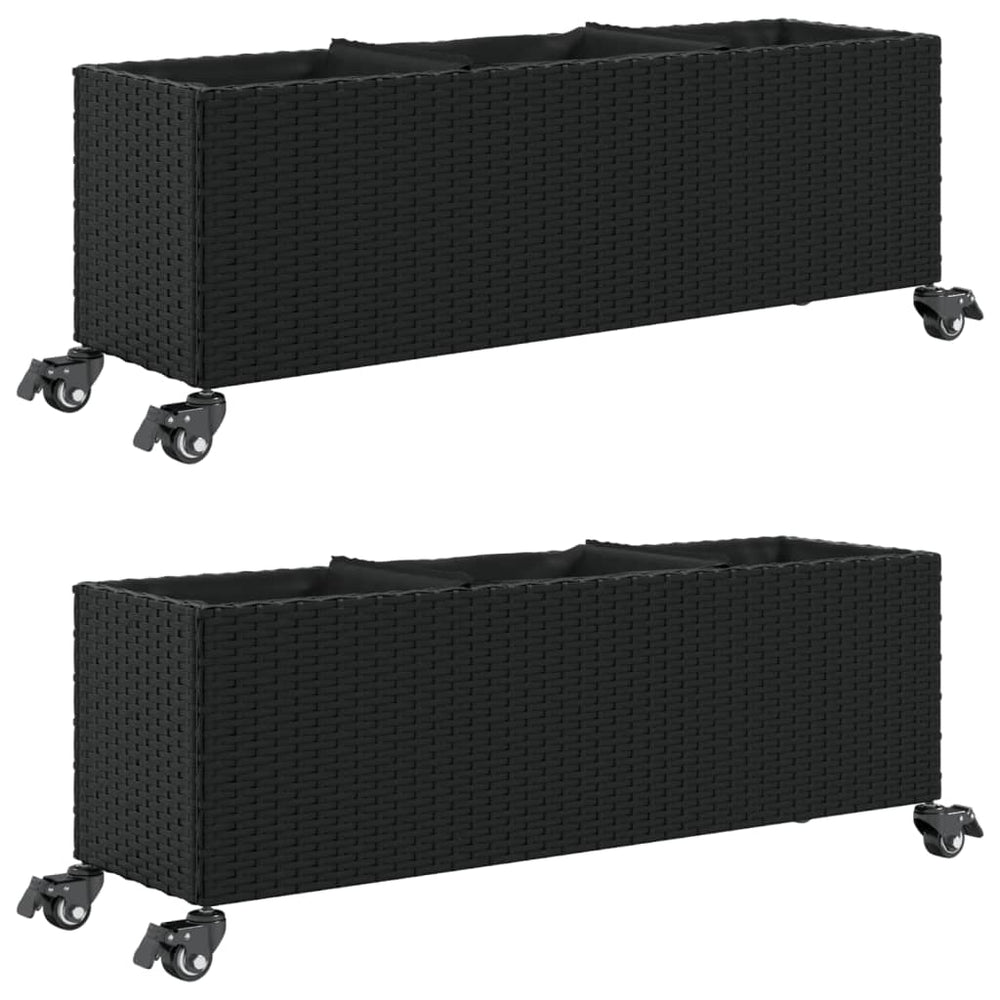 Pflanzkübel mit Rollen, 2er Set, Poly Rattan Schwarz