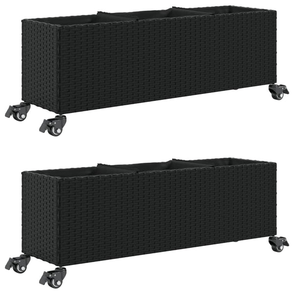 Pflanzkübel mit Rollen, 2er Set, Poly Rattan Schwarz