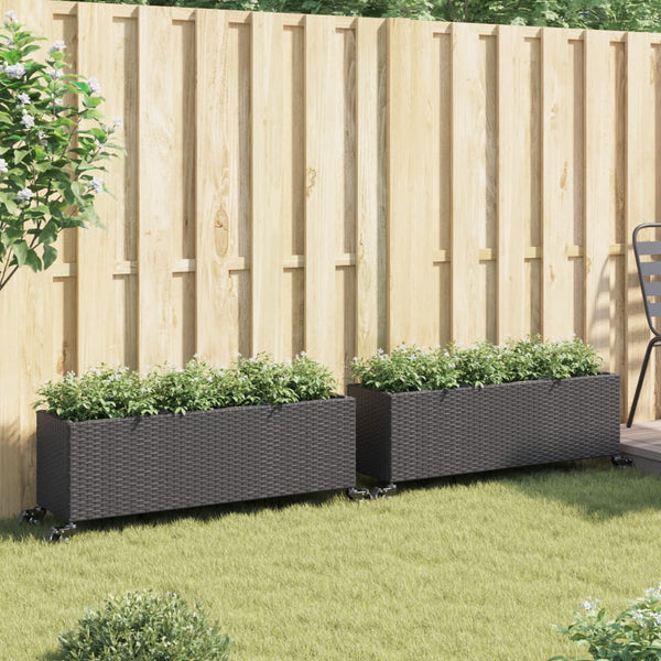 Pflanzkübel mit Rollen, 2er Set, Poly Rattan Schwarz