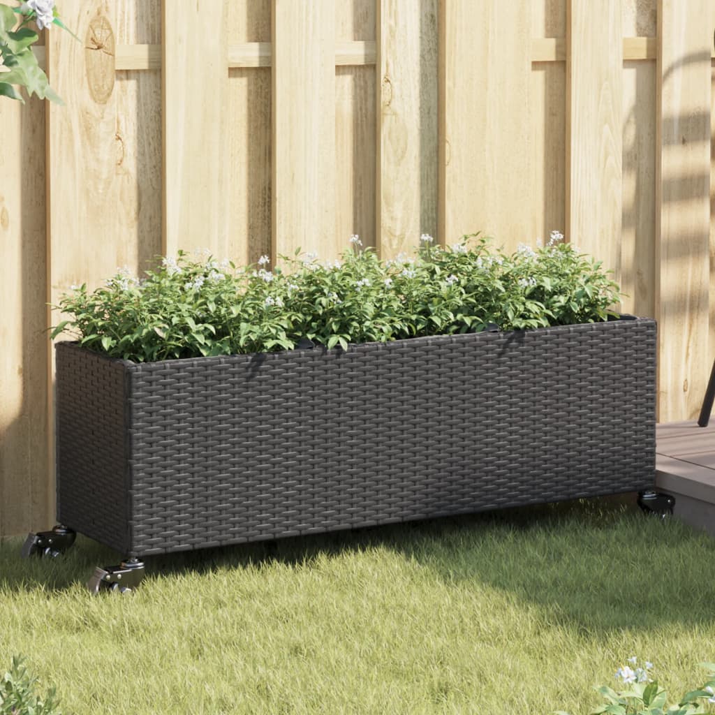 Pflanzkübel mit Rollen, 2er Set, Poly Rattan Schwarz