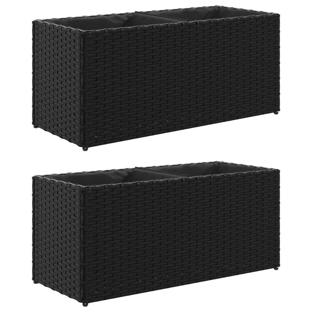 Pflanzkübel mit 2 Töpfen, Poly Rattan, Schwarz