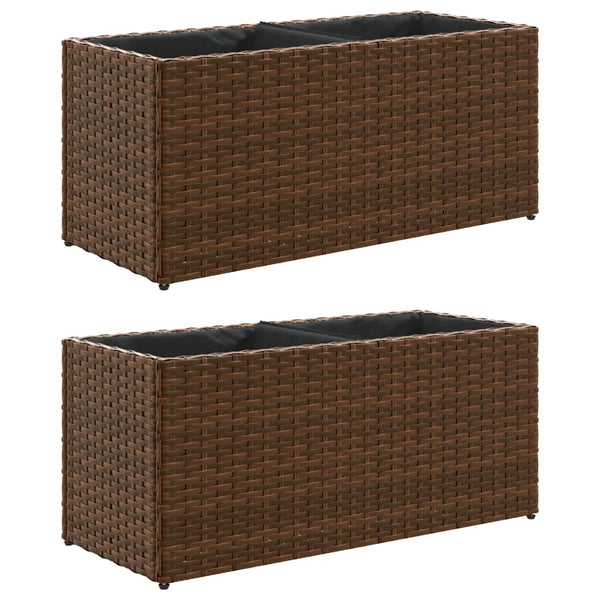 Pflanzkübel mit 2 Töpfen, Poly Rattan Braun