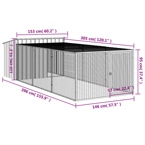 vidaXL Niche pour chien avec enclos Gris anthracite 153x396x110 cm Acier galvanisé