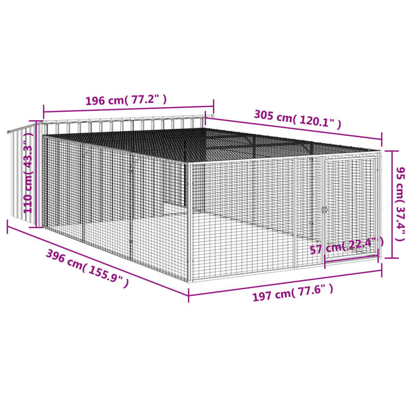 vidaXL Niche pour chien avec enclos Acier galvanisé Anthracite 197x396x110 cm