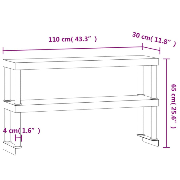 vidaXL Planche à poser pour table de cuisine 2 étagères 110x30x65 cm Acier inoxydable