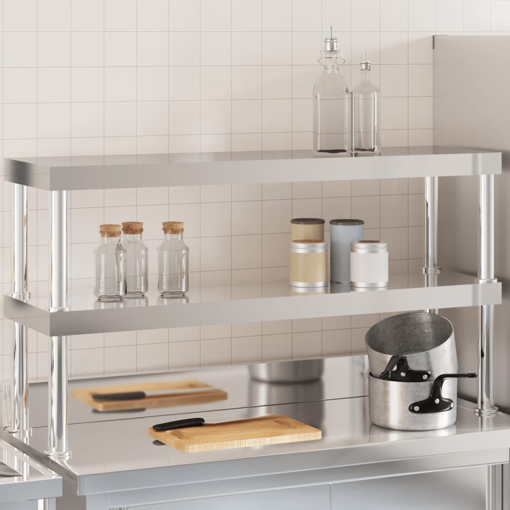 vidaXL Planche à poser pour table de cuisine 2 étagères 110x30x65 cm Acier inoxydable