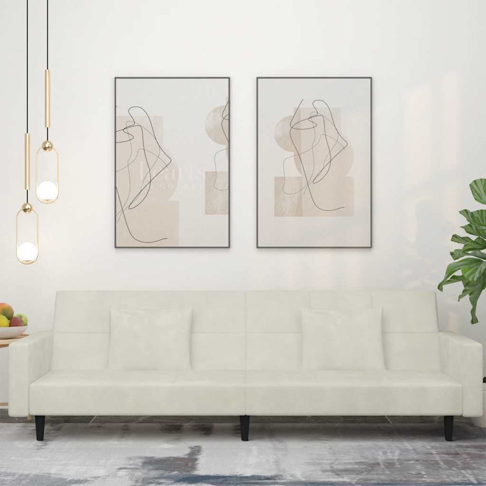 Schlafsofa 2-Sitzer Creme Samt mit Kissen