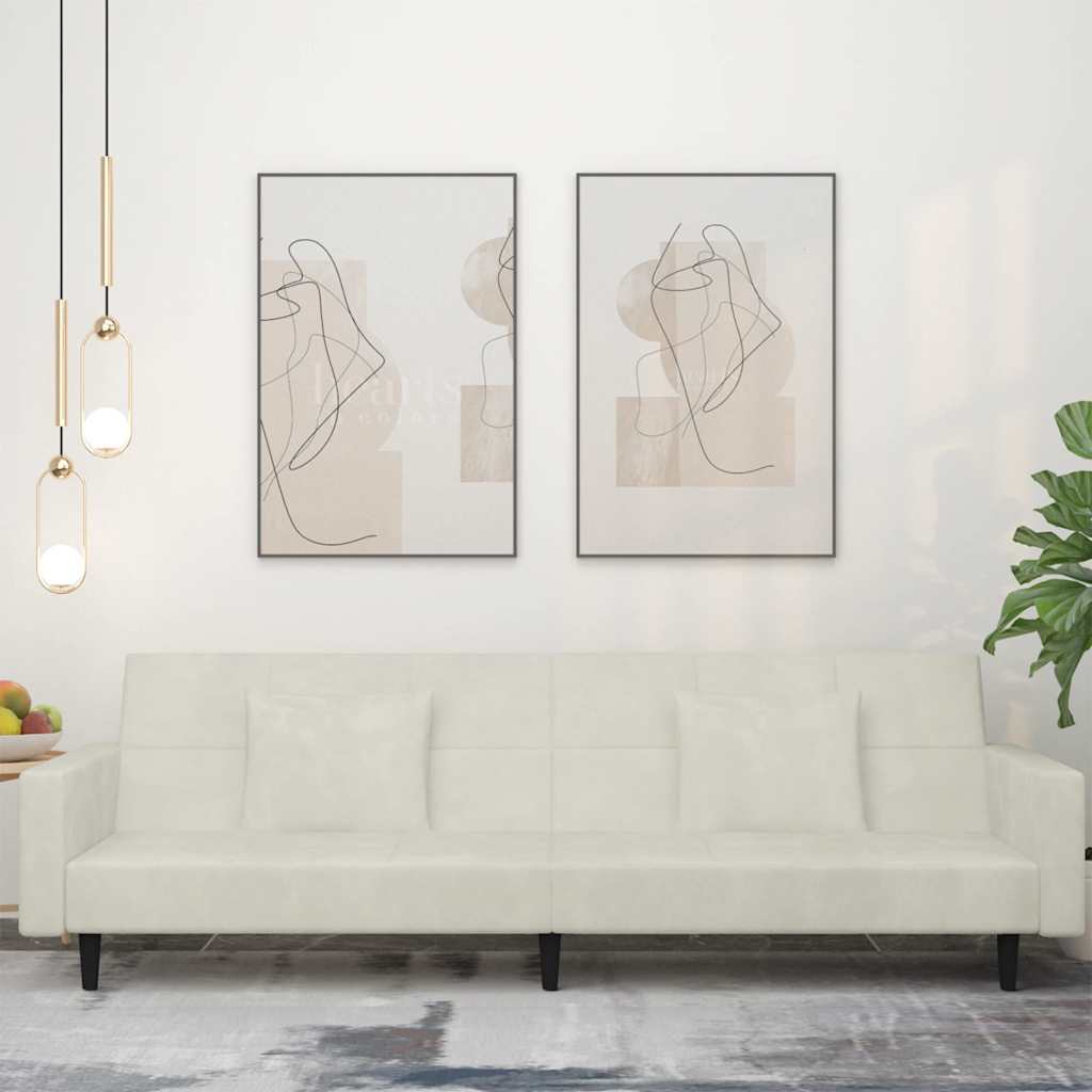 Schlafsofa 2-Sitzer Creme Samt mit Kissen