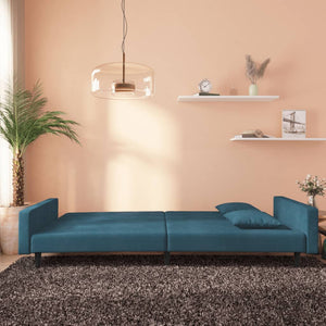 Schlafsofa 2-Sitzer Blau Samt mit Kissen