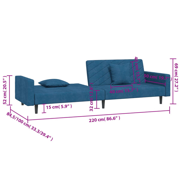 Schlafsofa 2-Sitzer Blau Samt mit Kissen