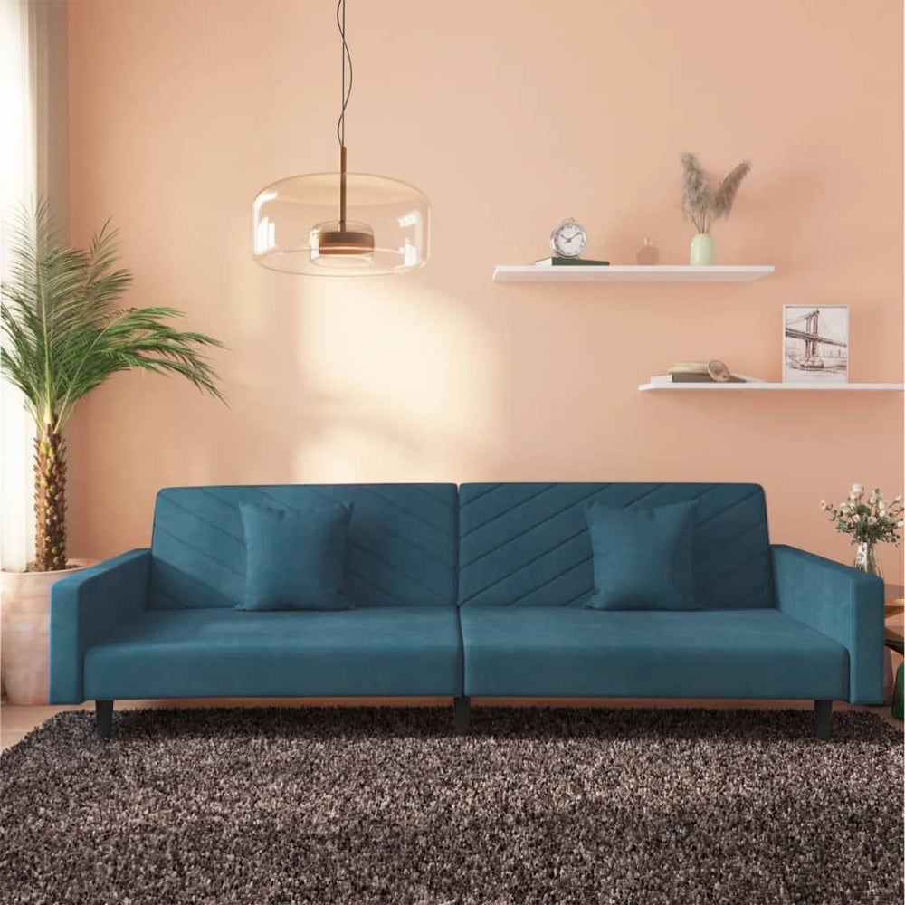 Schlafsofa 2-Sitzer Blau Samt mit Kissen