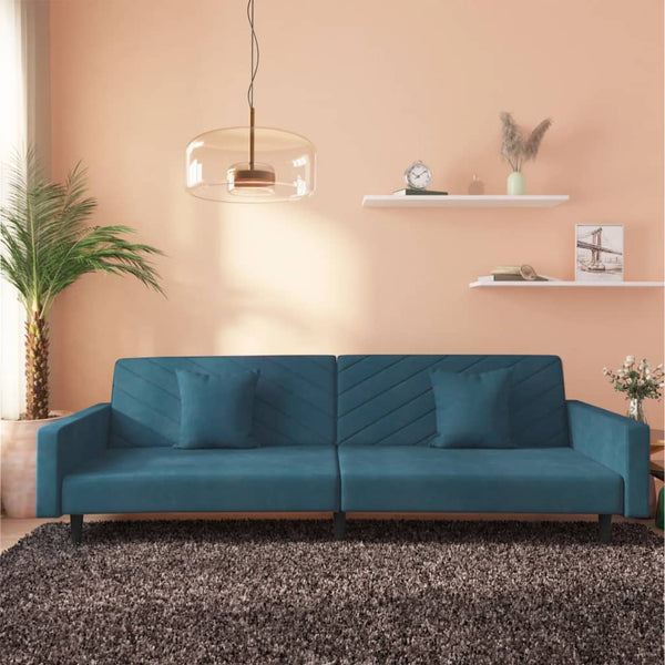 Schlafsofa 2-Sitzer Blau Samt mit Kissen