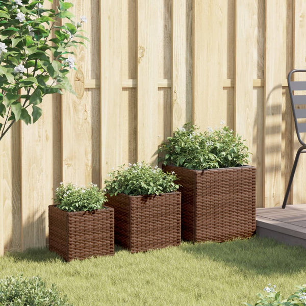 3er Set Pflanzkübel Braun Poly Rattan