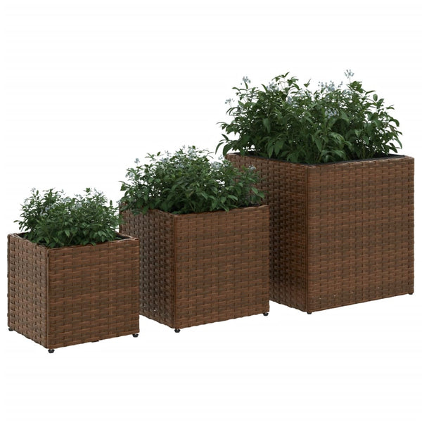 3er Set Pflanzkübel Braun Poly Rattan