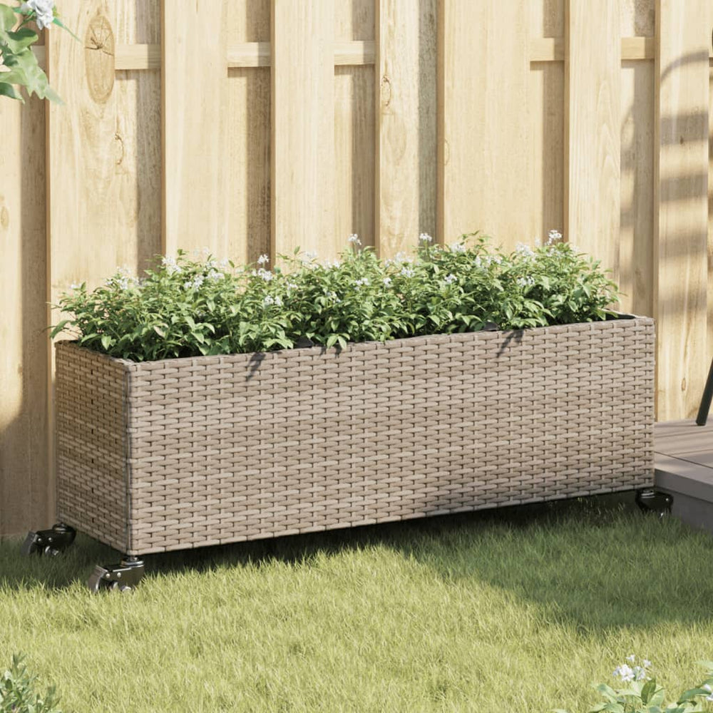 Pflanzkübel mit Rollen, 3 Töpfe, Poly-Rattan Grau