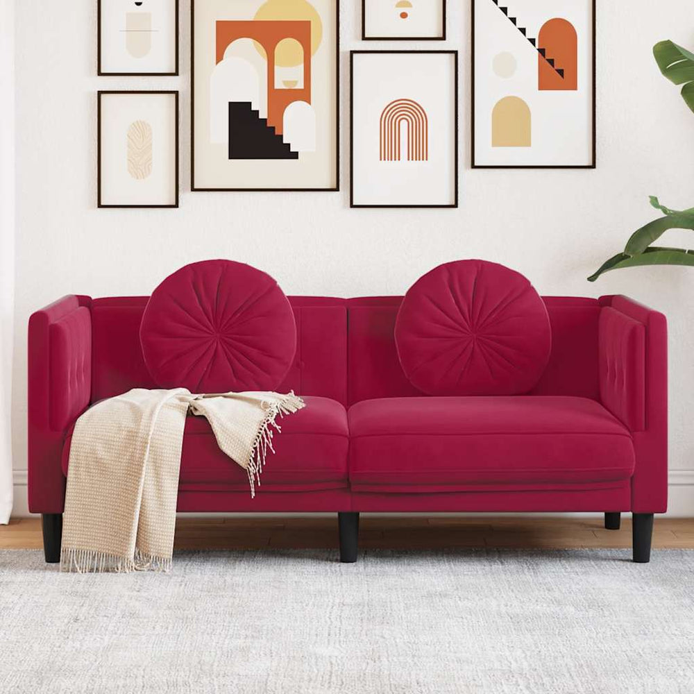 Weinrotes Samt Sofa 2-Sitzer mit Kissen