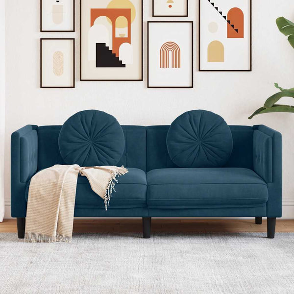 Blaues Samt Sofa 2-Sitzer mit Kissen