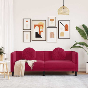 Weinrotes Samt Sofa 3-Sitzer mit Kissen